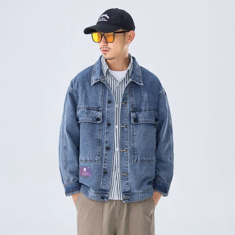 Double Stitched Solid Color Denim Trucker Jacket for Men with Cargo Style