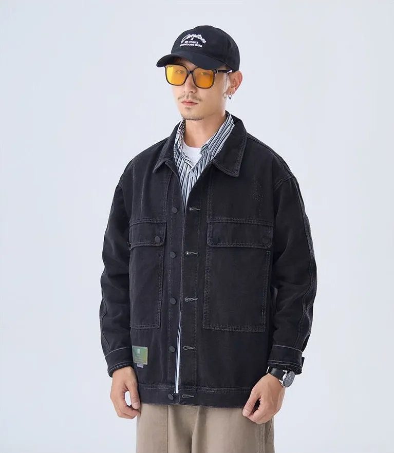 Double Stitched Solid Color Denim Trucker Jacket for Men with Cargo Style