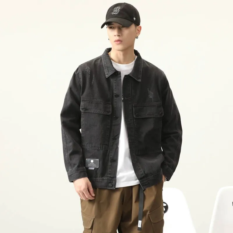 Double Stitched Solid Color Denim Trucker Jacket for Men with Cargo Style