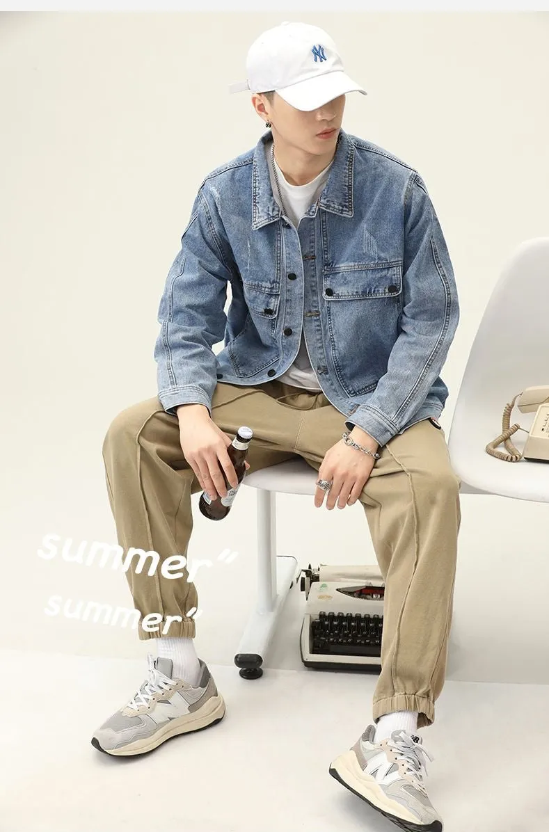 Double Stitched Solid Color Denim Trucker Jacket for Men with Cargo Style