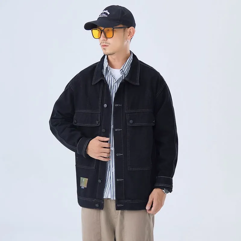 Double Stitched Solid Color Denim Trucker Jacket for Men with Cargo Style
