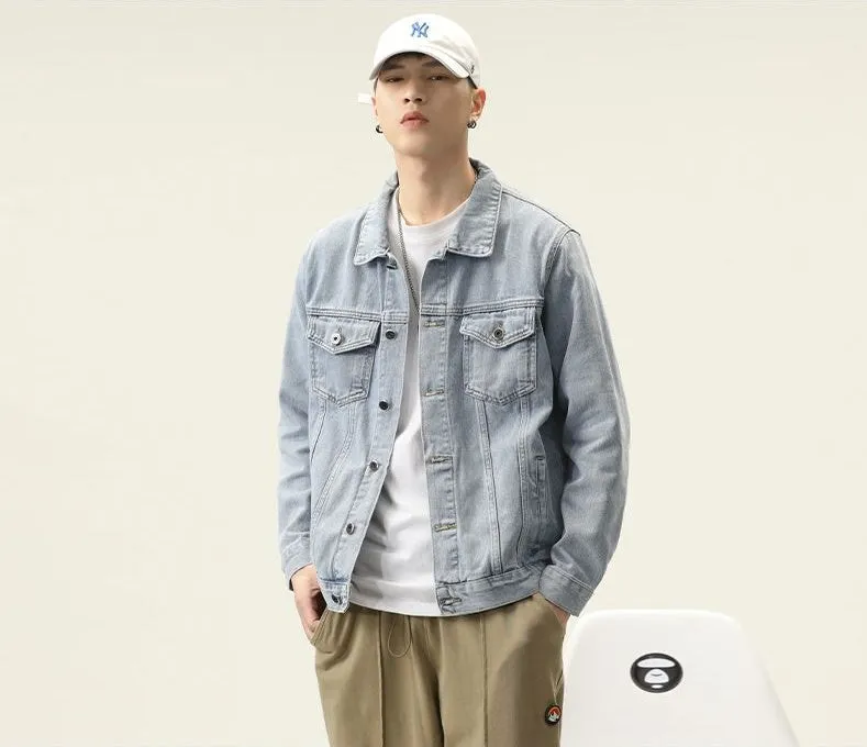 Double Stitched Solid Color Denim Trucker Jacket for Men with Cargo Style