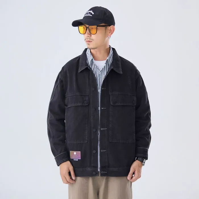 Double Stitched Solid Color Denim Trucker Jacket for Men with Cargo Style