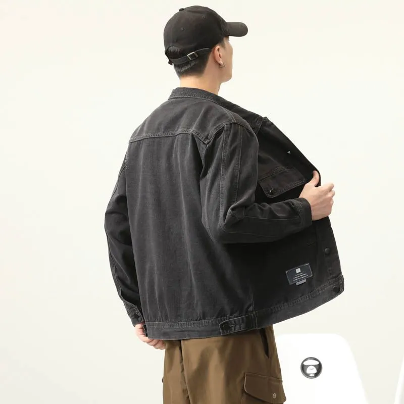 Double Stitched Solid Color Denim Trucker Jacket for Men with Cargo Style