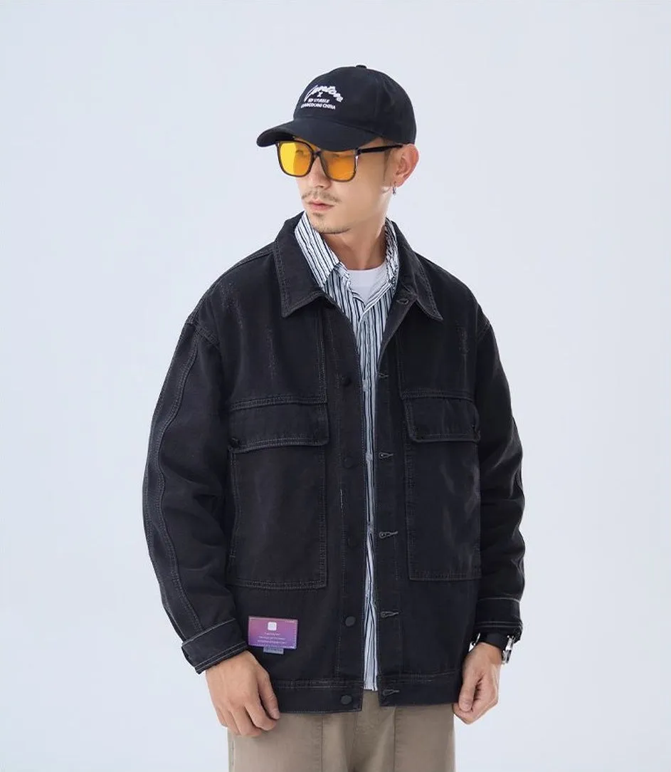Double Stitched Solid Color Denim Trucker Jacket for Men with Cargo Style