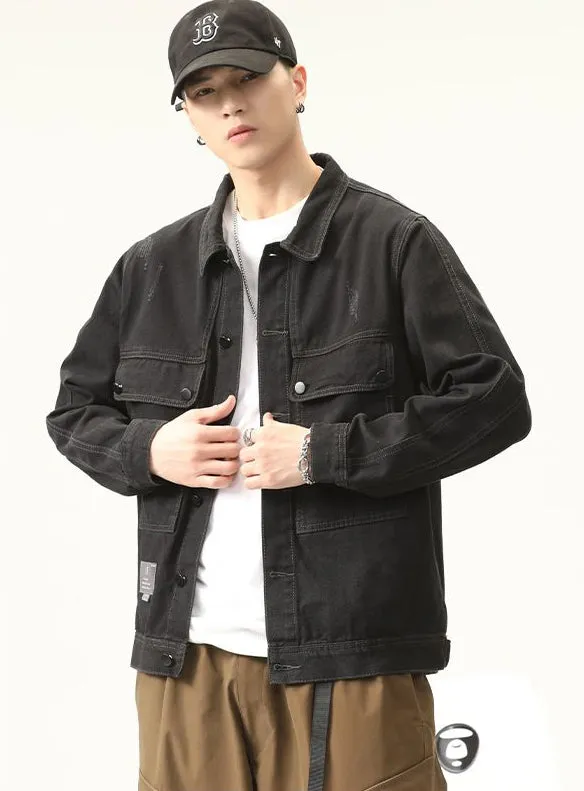 Double Stitched Solid Color Denim Trucker Jacket for Men with Cargo Style
