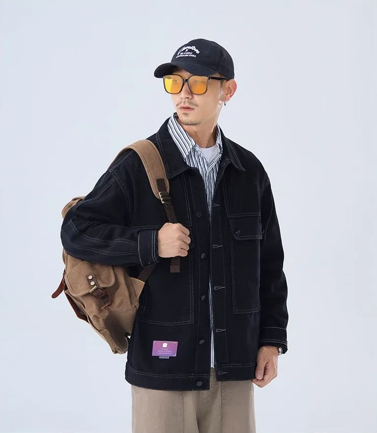 Double Stitched Solid Color Denim Trucker Jacket for Men with Cargo Style
