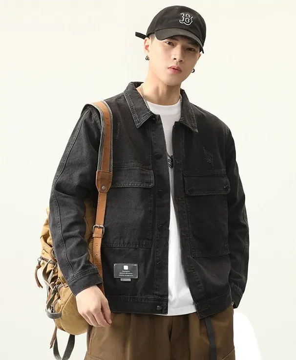 Double Stitched Solid Color Denim Trucker Jacket for Men with Cargo Style