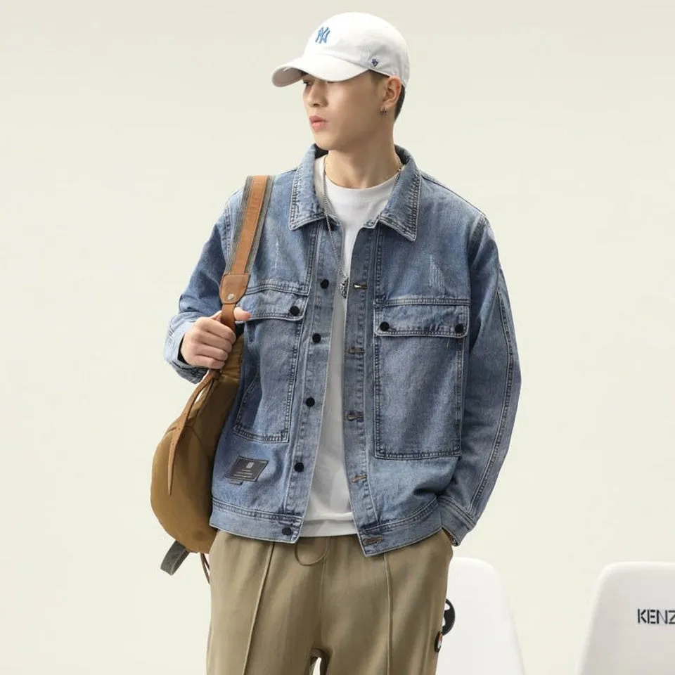 Double Stitched Solid Color Denim Trucker Jacket for Men with Cargo Style