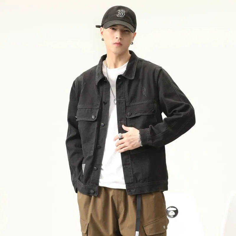Double Stitched Solid Color Denim Trucker Jacket for Men with Cargo Style