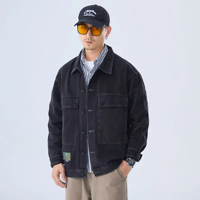Double Stitched Solid Color Denim Trucker Jacket for Men with Cargo Style