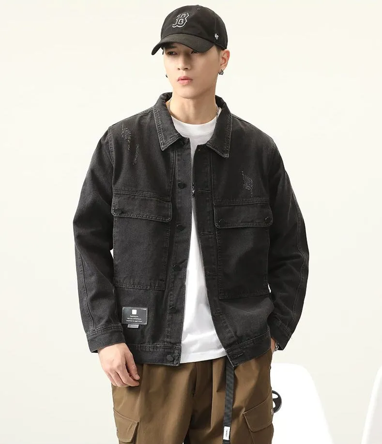 Double Stitched Solid Color Denim Trucker Jacket for Men with Cargo Style