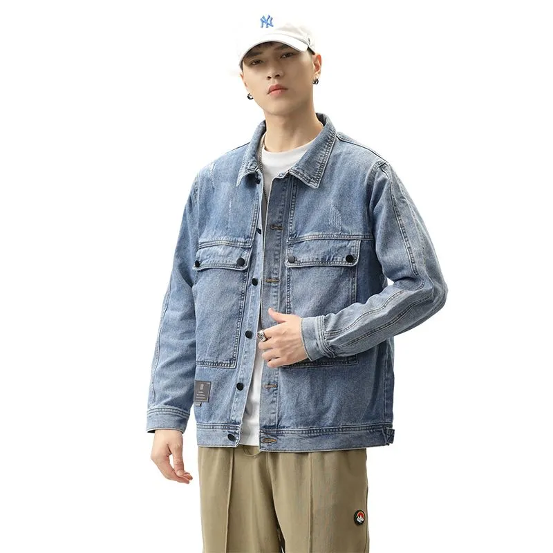 Double Stitched Solid Color Denim Trucker Jacket for Men with Cargo Style