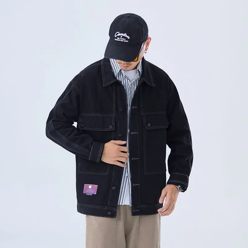Double Stitched Solid Color Denim Trucker Jacket for Men with Cargo Style