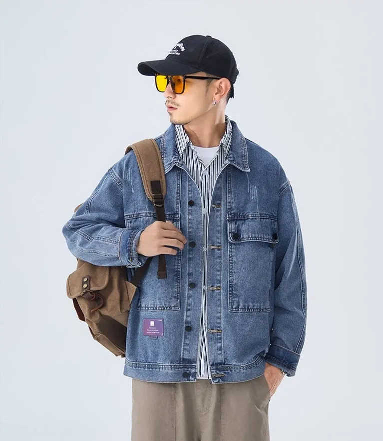 Double Stitched Solid Color Denim Trucker Jacket for Men with Cargo Style