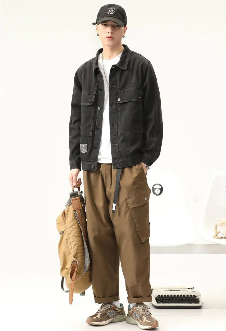 Double Stitched Solid Color Denim Trucker Jacket for Men with Cargo Style