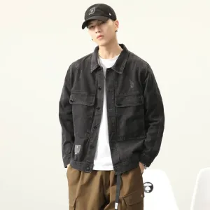 Double Stitched Solid Color Denim Trucker Jacket for Men with Cargo Style