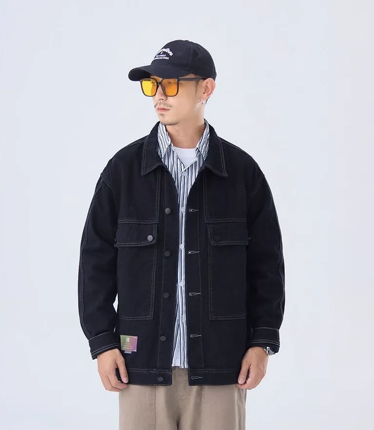 Double Stitched Solid Color Denim Trucker Jacket for Men with Cargo Style