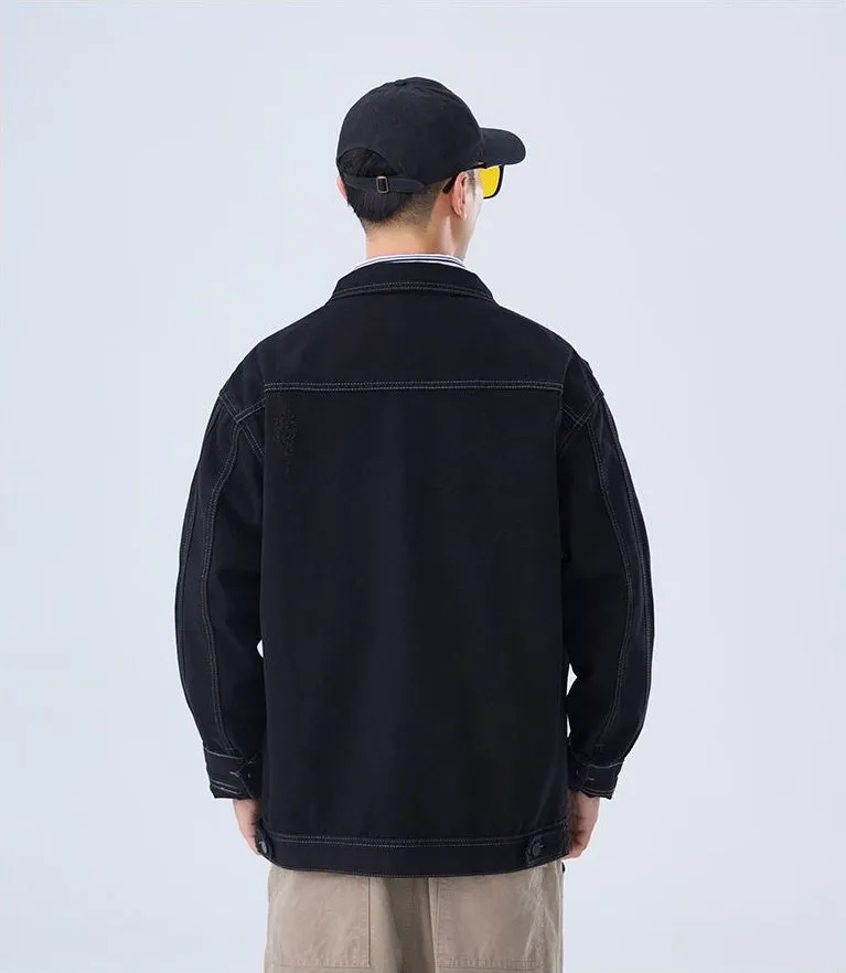 Double Stitched Solid Color Denim Trucker Jacket for Men with Cargo Style