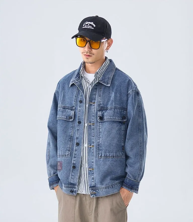 Double Stitched Solid Color Denim Trucker Jacket for Men with Cargo Style