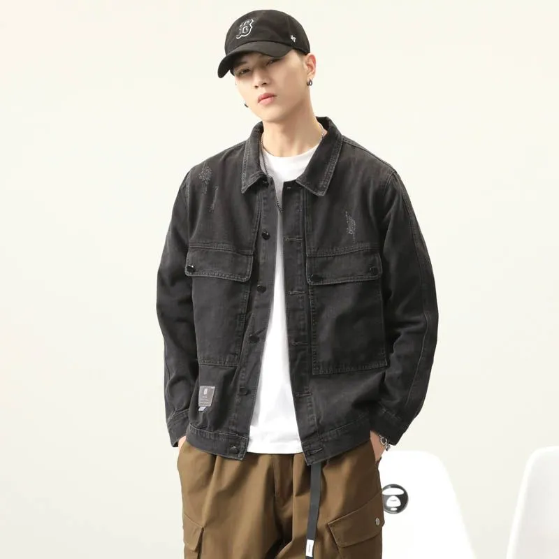 Double Stitched Solid Color Denim Trucker Jacket for Men with Cargo Style
