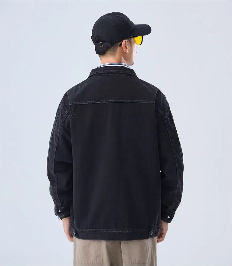 Double Stitched Solid Color Denim Trucker Jacket for Men with Cargo Style
