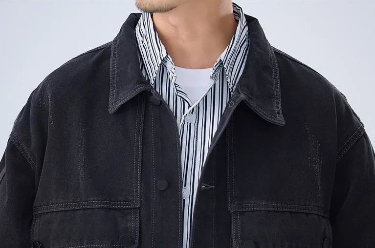 Double Stitched Solid Color Denim Trucker Jacket for Men with Cargo Style