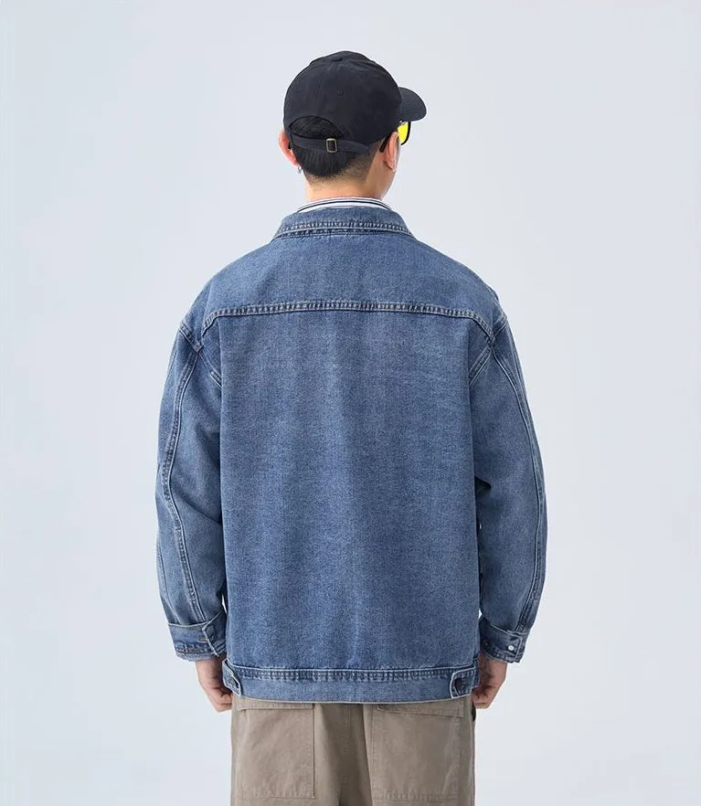 Double Stitched Solid Color Denim Trucker Jacket for Men with Cargo Style