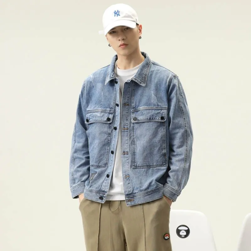 Double Stitched Solid Color Denim Trucker Jacket for Men with Cargo Style
