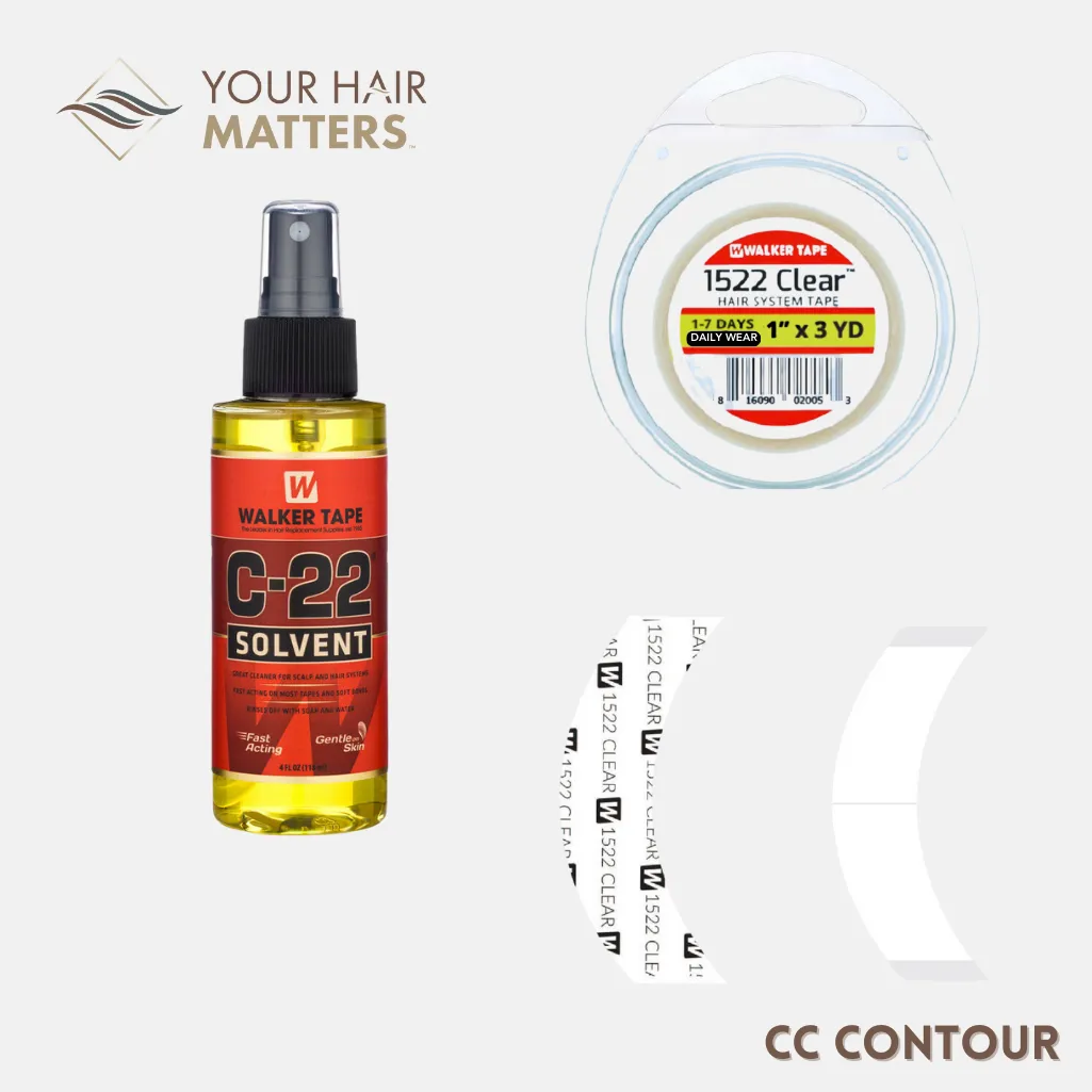 EASY INSTALL KIT - For Hair System DAILY WEAR with TAPE ROLL, 36 CONTOUR STRIPS, and C22 SOLVENT (WALKER)