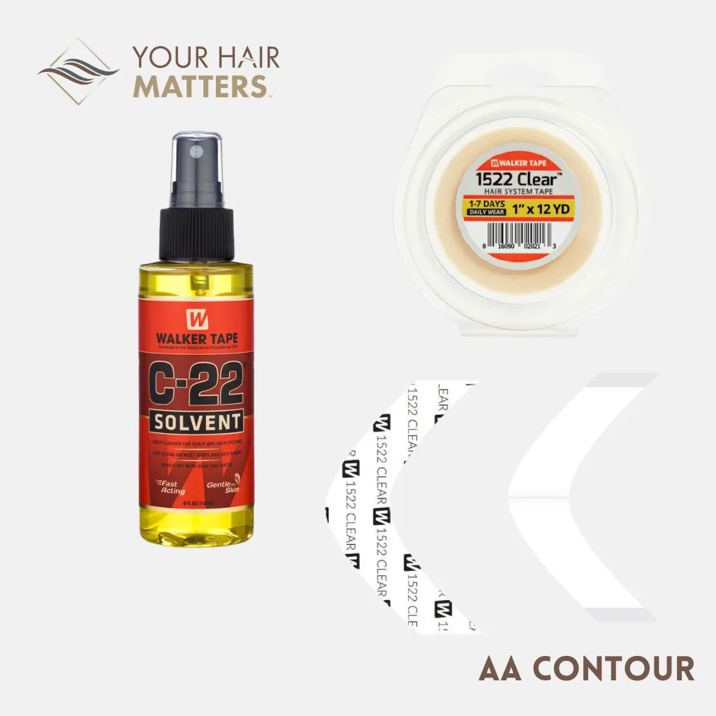 EASY INSTALL KIT - For Hair System DAILY WEAR with TAPE ROLL, 36 CONTOUR STRIPS, and C22 SOLVENT (WALKER)