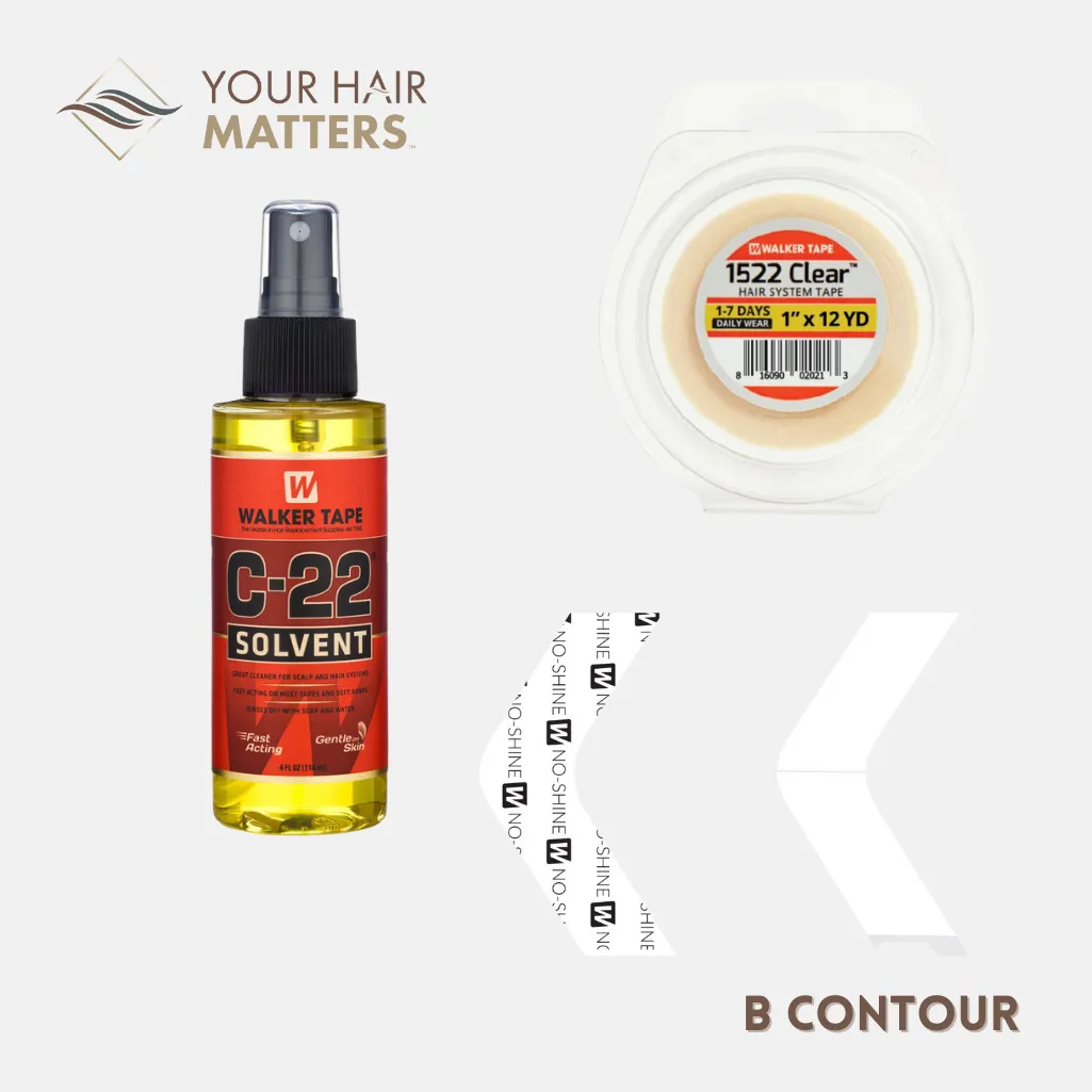 EASY INSTALL KIT - For Hair System DAILY WEAR with TAPE ROLL, 36 CONTOUR STRIPS, and C22 SOLVENT (WALKER)