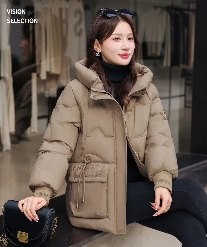 Easy-to-clean Hooded Puffer Jacket with Bellows Pocket for Women