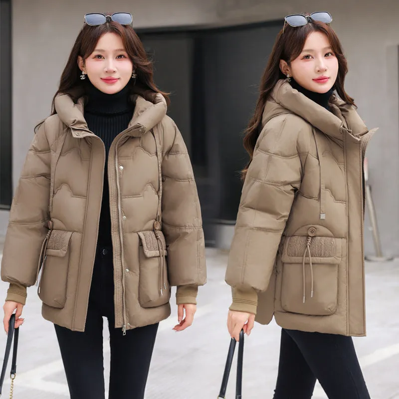 Easy-to-clean Hooded Puffer Jacket with Bellows Pocket for Women