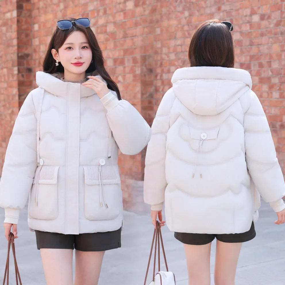 Easy-to-clean Hooded Puffer Jacket with Bellows Pocket for Women