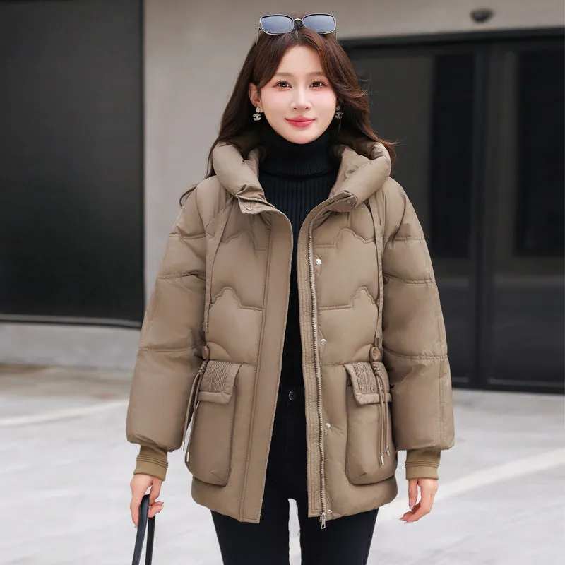Easy-to-clean Hooded Puffer Jacket with Bellows Pocket for Women