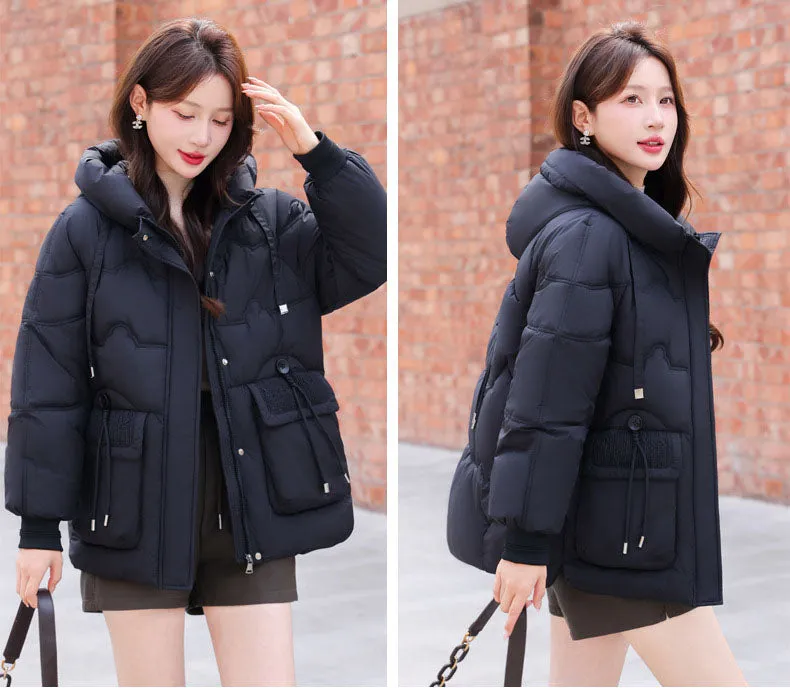Easy-to-clean Hooded Puffer Jacket with Bellows Pocket for Women