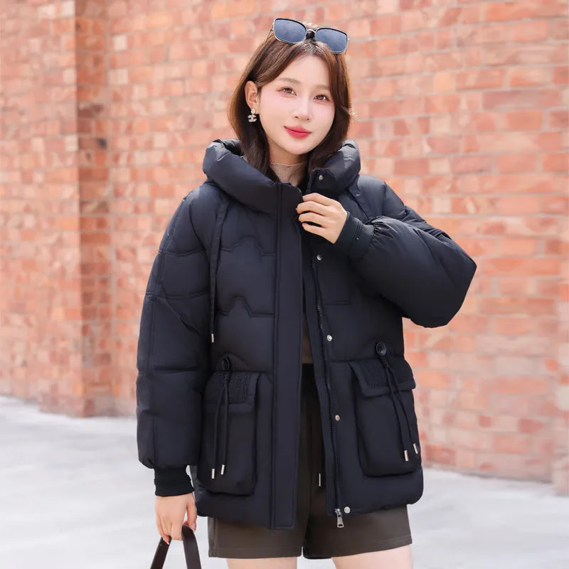 Easy-to-clean Hooded Puffer Jacket with Bellows Pocket for Women