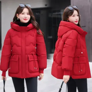 Easy-to-clean Hooded Puffer Jacket with Bellows Pocket for Women