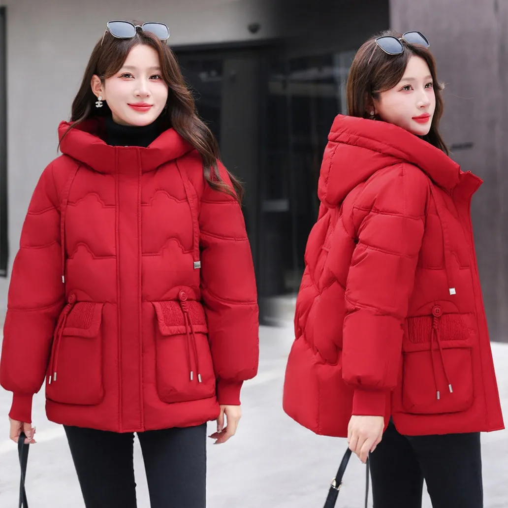 Easy-to-clean Hooded Puffer Jacket with Bellows Pocket for Women