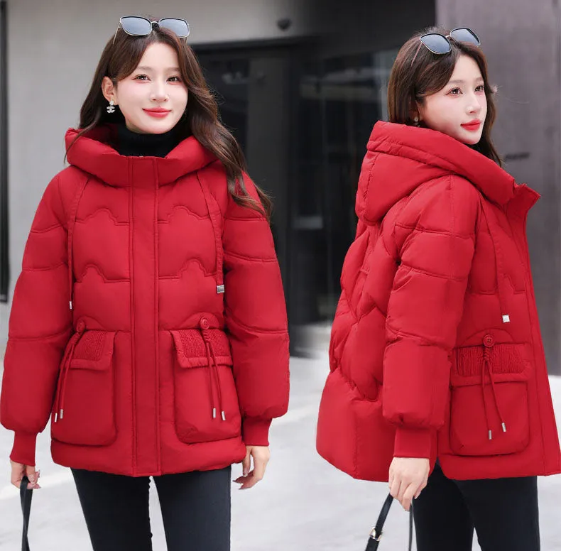 Easy-to-clean Hooded Puffer Jacket with Bellows Pocket for Women