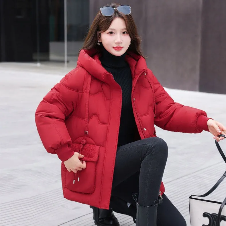Easy-to-clean Hooded Puffer Jacket with Bellows Pocket for Women