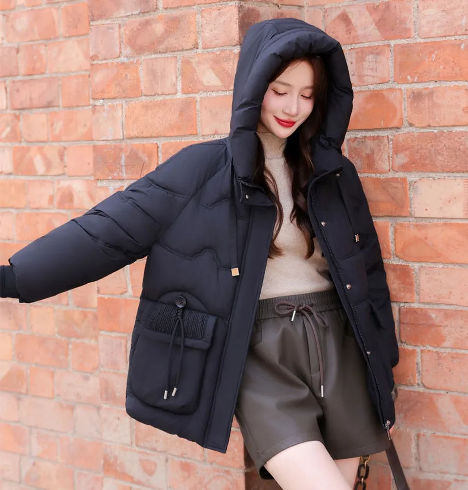 Easy-to-clean Hooded Puffer Jacket with Bellows Pocket for Women