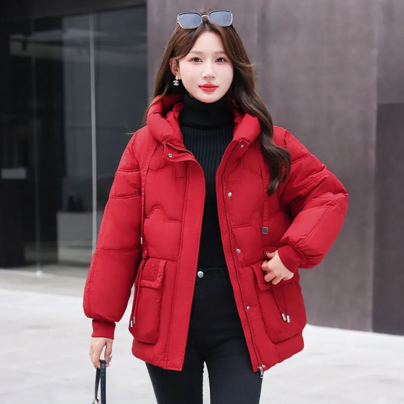 Easy-to-clean Hooded Puffer Jacket with Bellows Pocket for Women