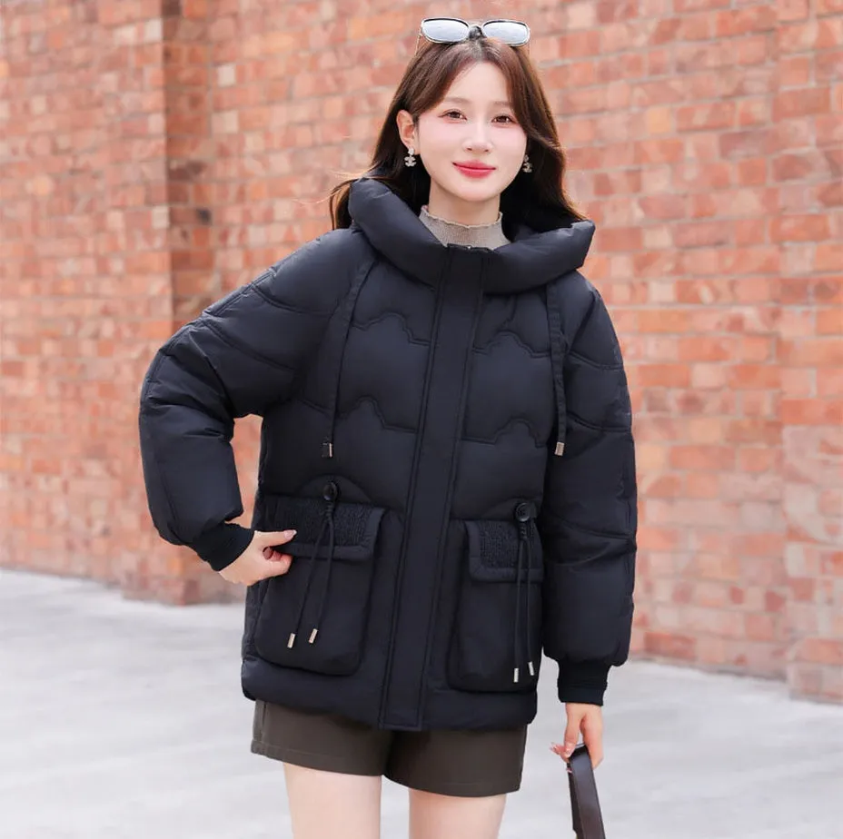 Easy-to-clean Hooded Puffer Jacket with Bellows Pocket for Women