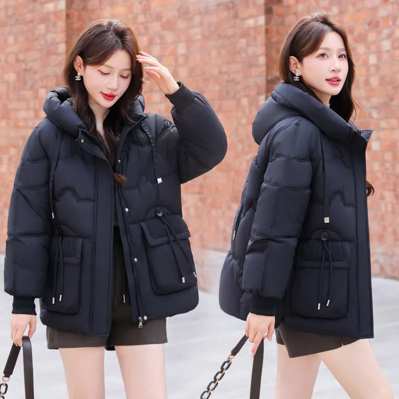 Easy-to-clean Hooded Puffer Jacket with Bellows Pocket for Women