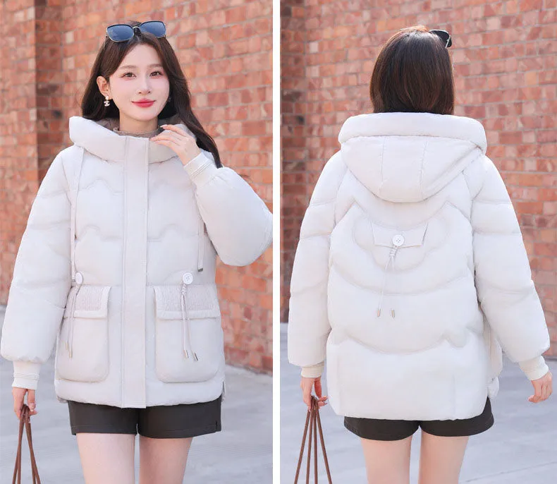 Easy-to-clean Hooded Puffer Jacket with Bellows Pocket for Women