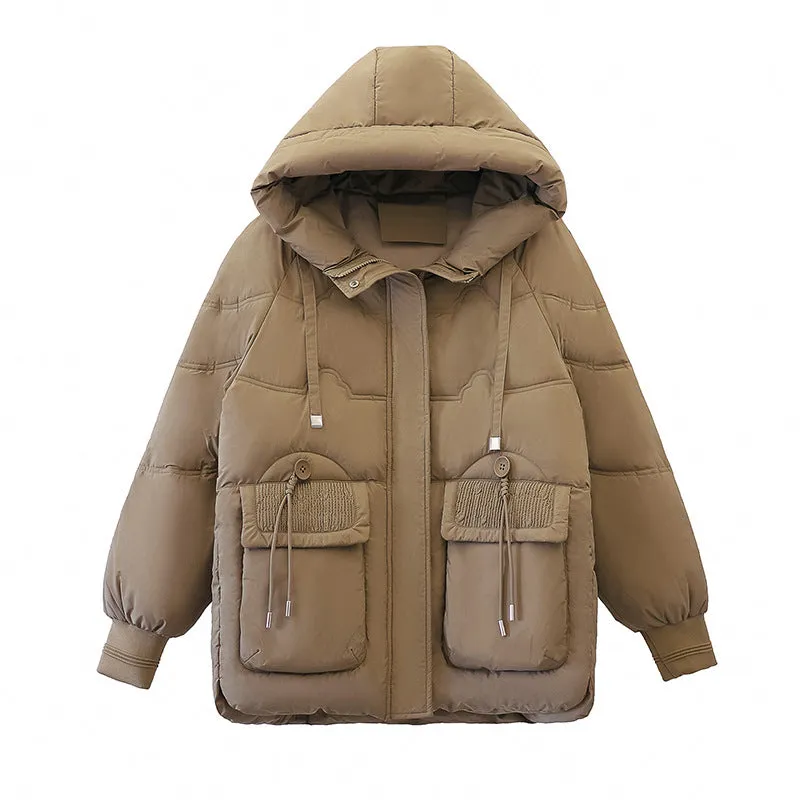 Easy-to-clean Hooded Puffer Jacket with Bellows Pocket for Women
