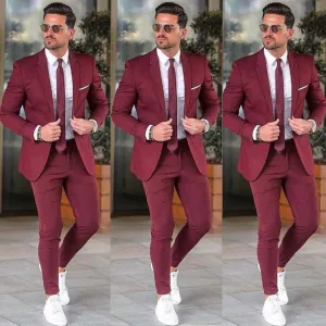 Elegant Men's Custom Burgundy Blazers Prom Two Pieces Red Tuxedos