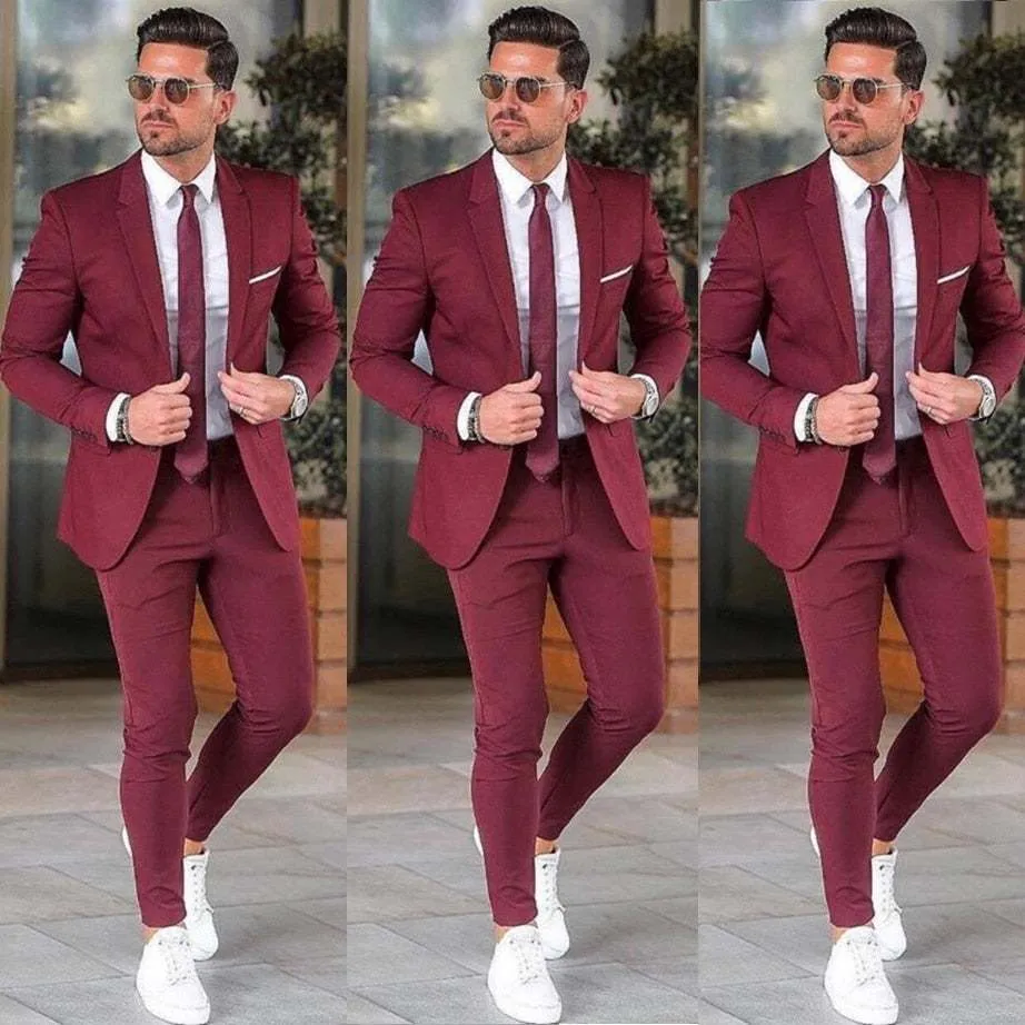 Elegant Men's Custom Burgundy Blazers Prom Two Pieces Red Tuxedos